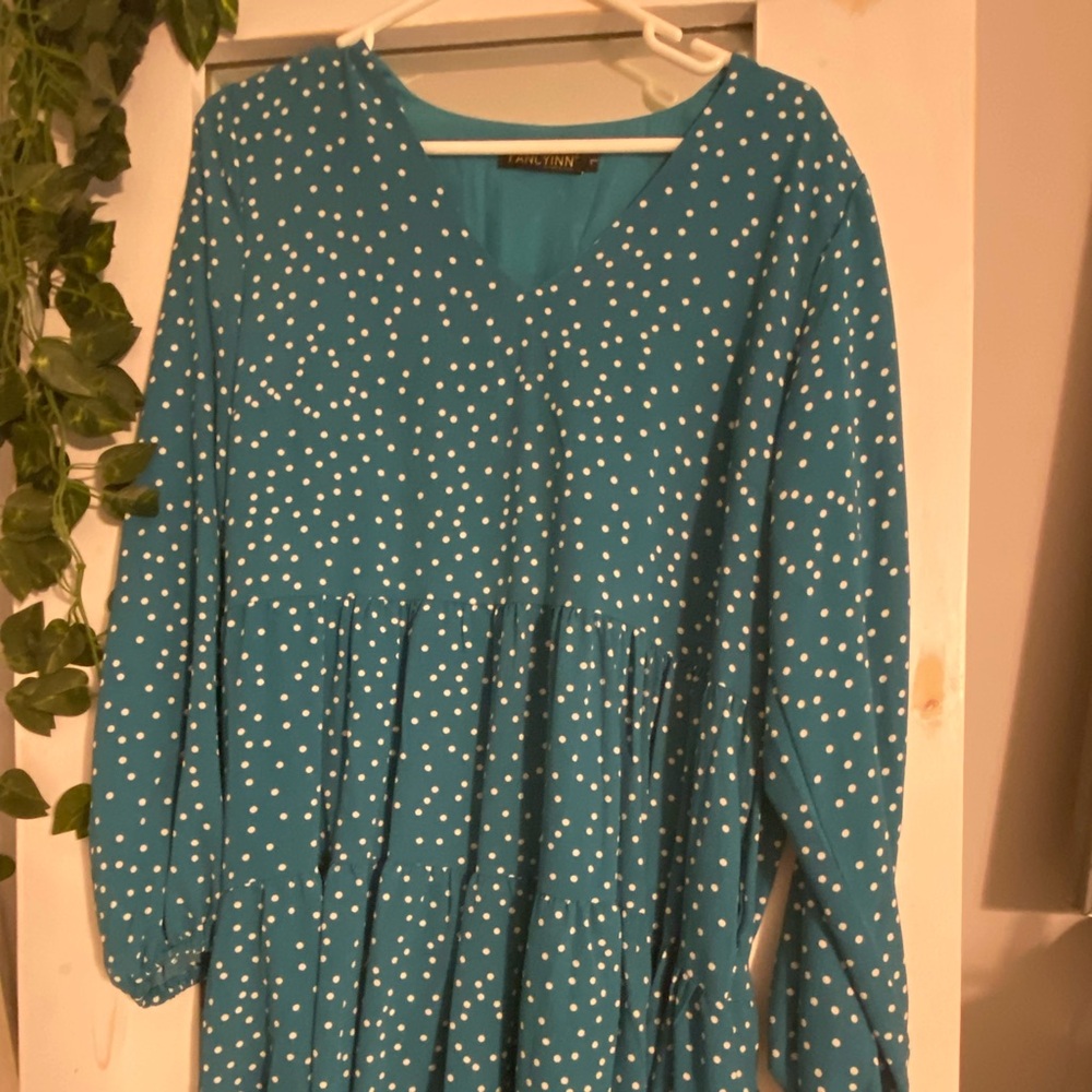 Long sleeve teal blue polka dot dress